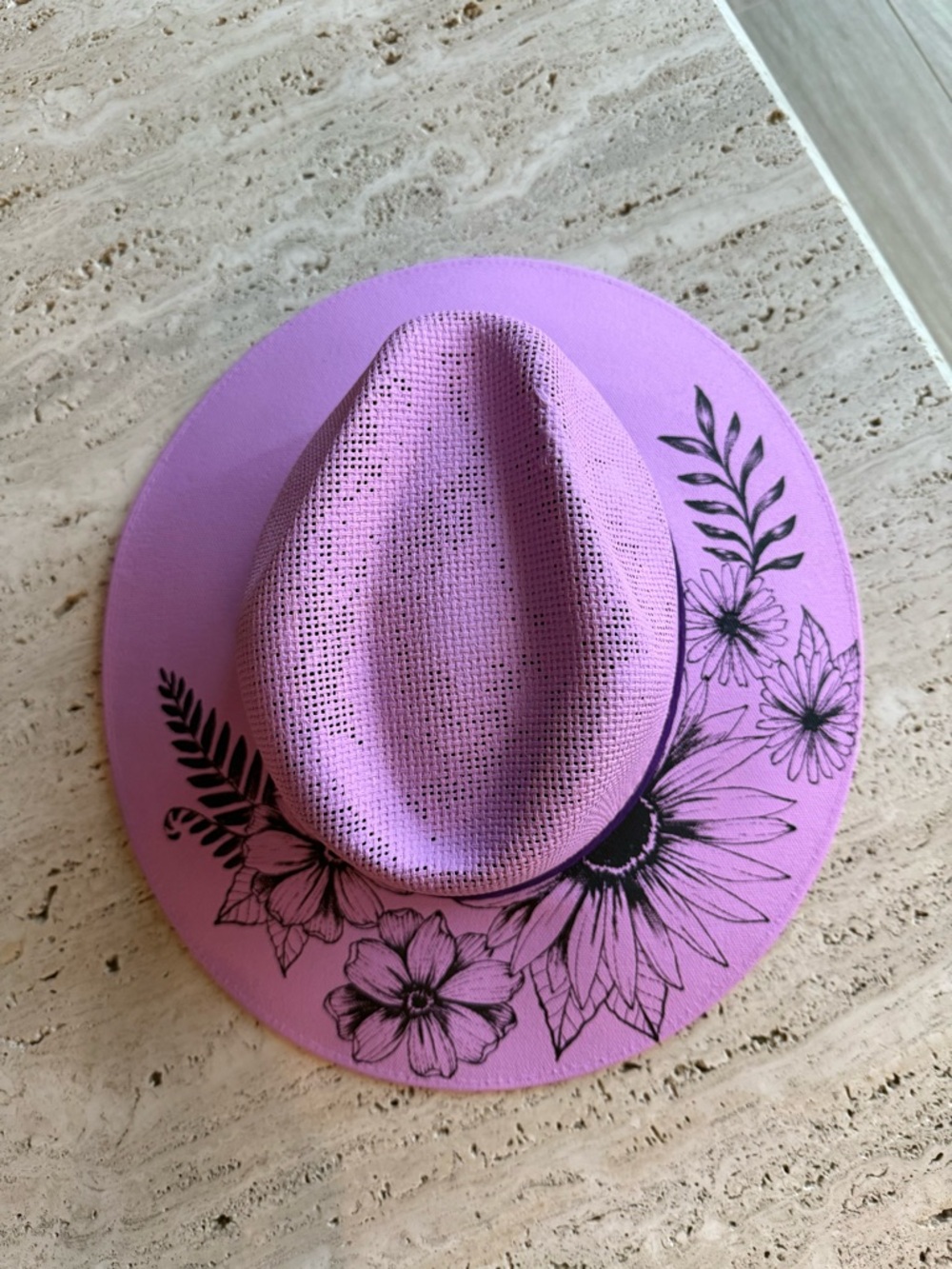 Lavender purple floral straw Panama style cowboy hat wide brim cottagecore hat
